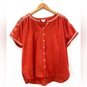 Sundance Women’s Size Large Rust Orange Short Sleeve Embroidered Blouse Boho Top